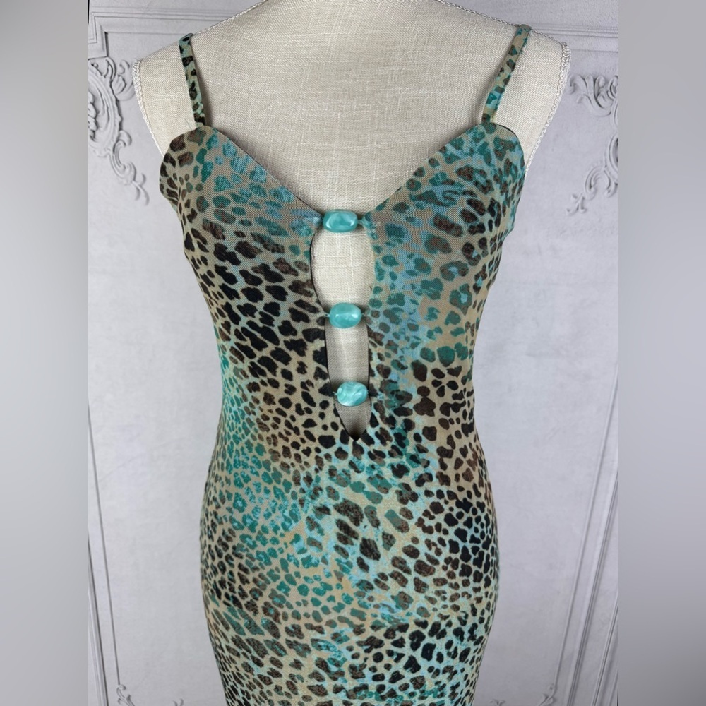 Leopard Print Maxi Dress Mesh Cut Out Embellished Sweetheart Neckline - Picture 5 of 9